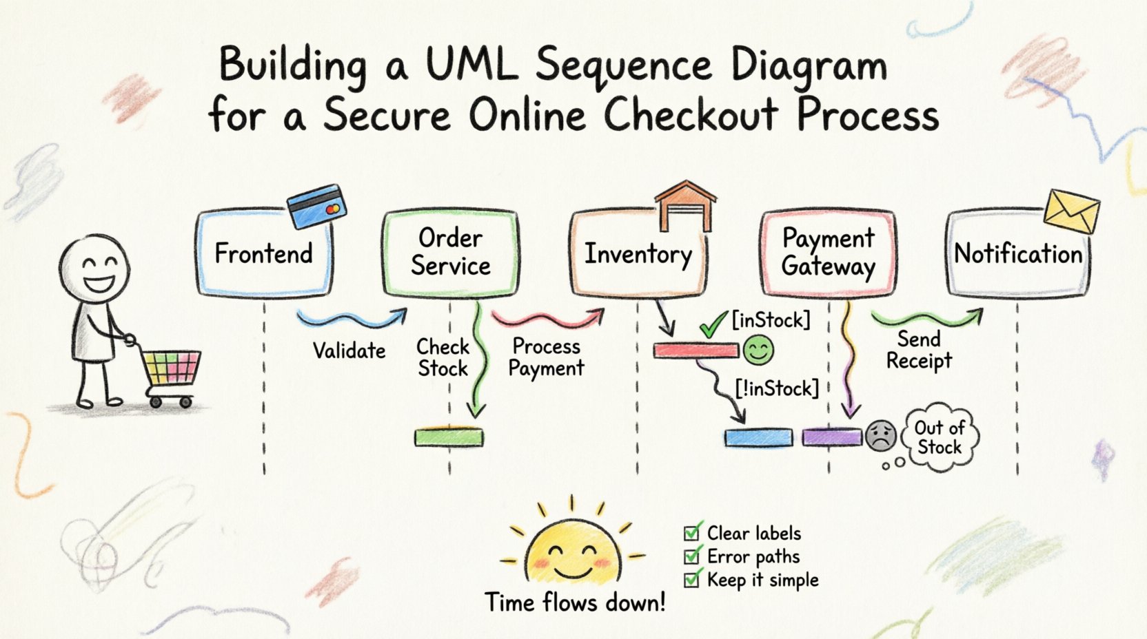 Child's drawing style infographic illustrating a UML sequence diagram for a secure online checkout process, showing customer, frontend, order service, inventory, payment gateway, and notification service with lifelines, activation bars, synchronous messages, and conditional alt fragments for stock availability