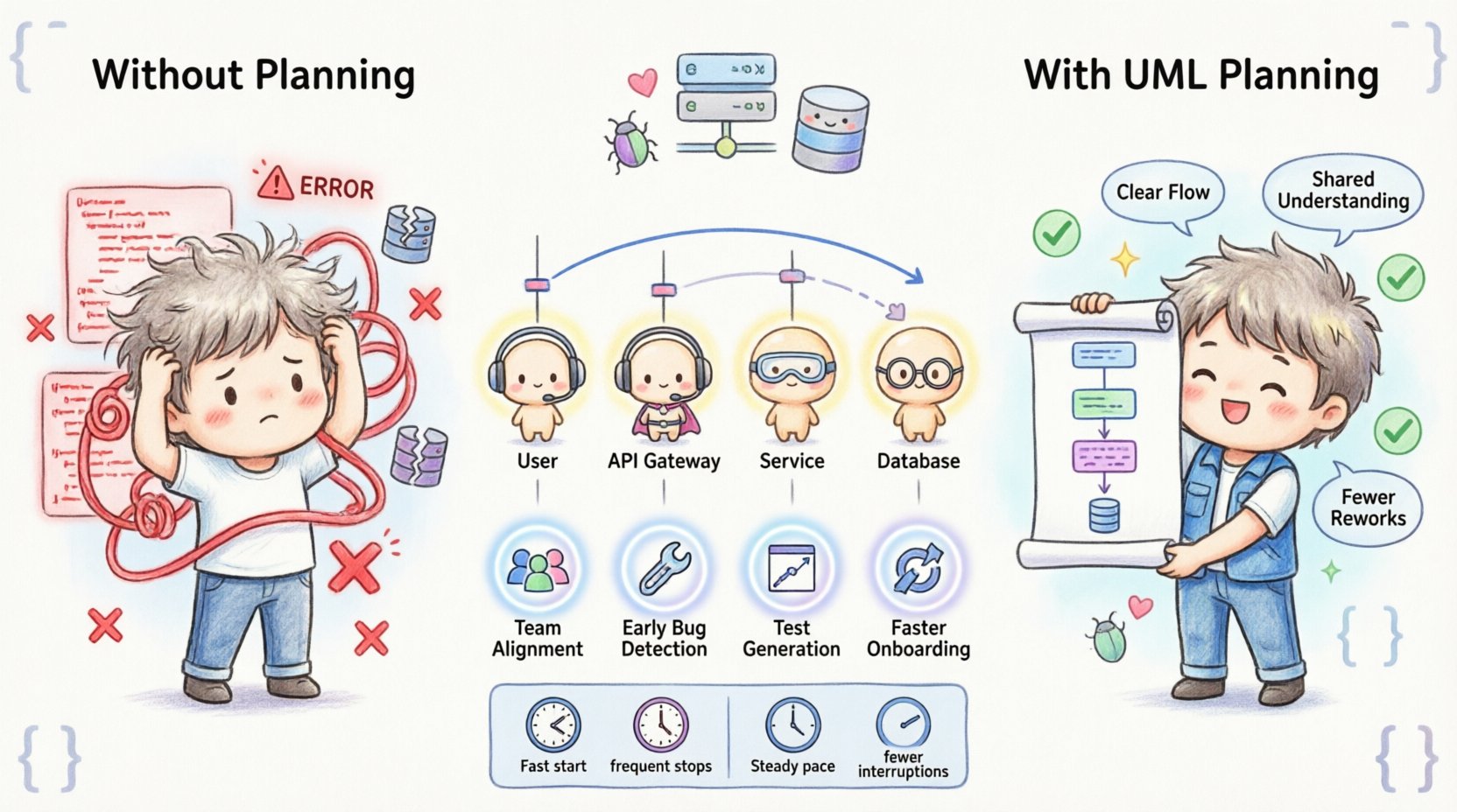 Chibi-style infographic illustrating why developers should use UML sequence diagrams before coding: features cute developer characters contrasting chaotic unplanned development with organized visual planning, displays simplified sequence diagram elements including lifelines, messages, and activation bars, highlights key benefits like team alignment, early bug detection, test case generation, and faster onboarding, with color-coded sections and icon badges for quick comprehension