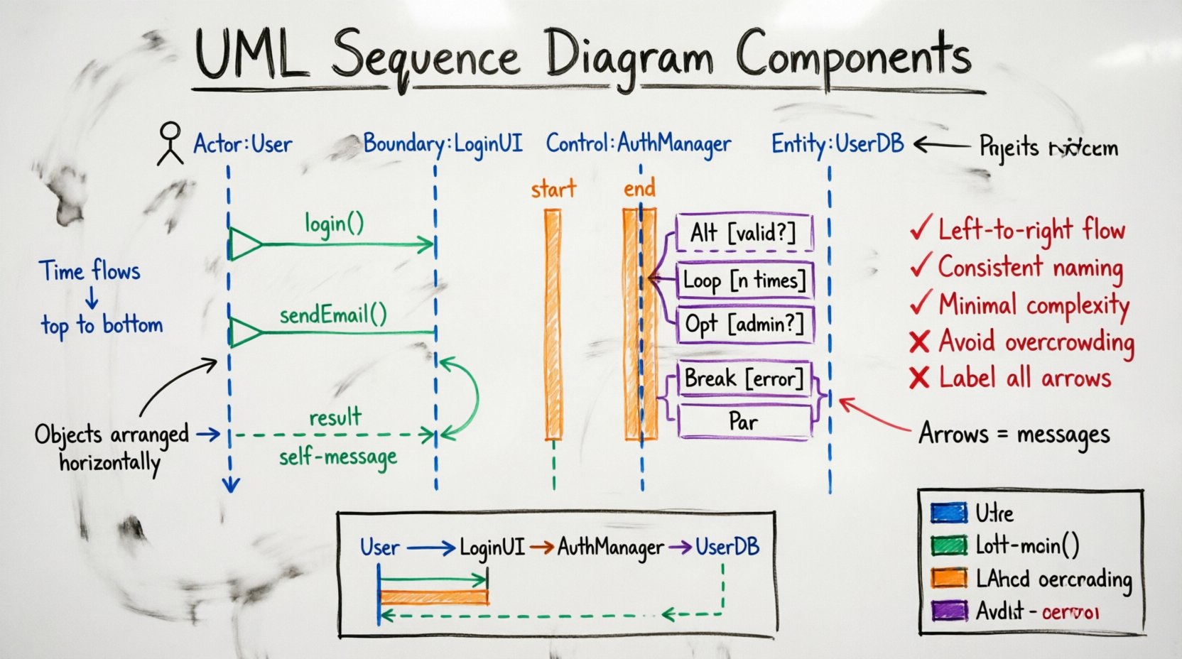 Hand-drawn whiteboard infographic explaining UML Sequence Diagram components including lifelines, actors, message types (synchronous, asynchronous, return), activation bars, and combined fragments (Alt, Loop, Opt, Break, Par) with color-coded markers and visual examples for software developers