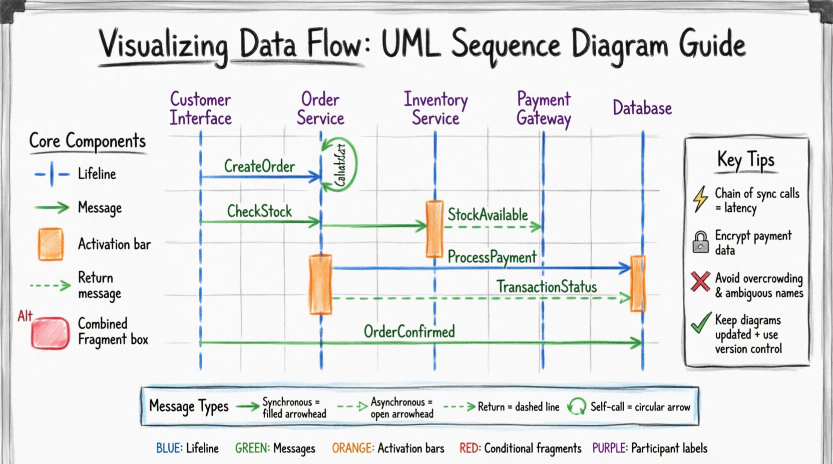 Hand-drawn whiteboard infographic illustrating UML sequence diagram components and e-commerce order processing data flow, featuring color-coded markers for lifelines (blue), messages (green), activation bars (orange), and conditional logic fragments (red), with step-by-step visualization of Customer Interface to Order Service to Inventory Service to Payment Gateway to Database interactions, plus key tips for performance, security, and best practices