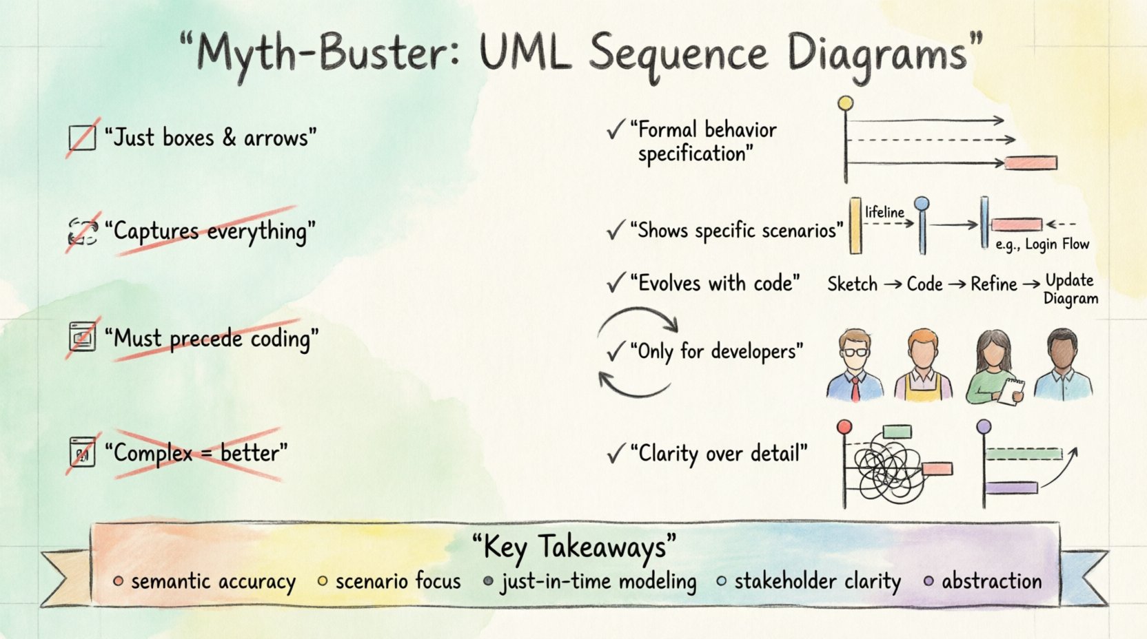 Hand-drawn infographic debunking 5 common misconceptions about UML Sequence Diagrams: semantics over aesthetics, scenario-focused scope vs. capturing all behavior, iterative design evolving with code vs. pre-coding requirement, team-wide communication tool vs. developer-only artifact, and clarity with abstraction over complexity; features sketched UML symbols like lifelines and activation bars, diverse stakeholder icons, and actionable key takeaways for software architects, developers, QA testers, and product managers