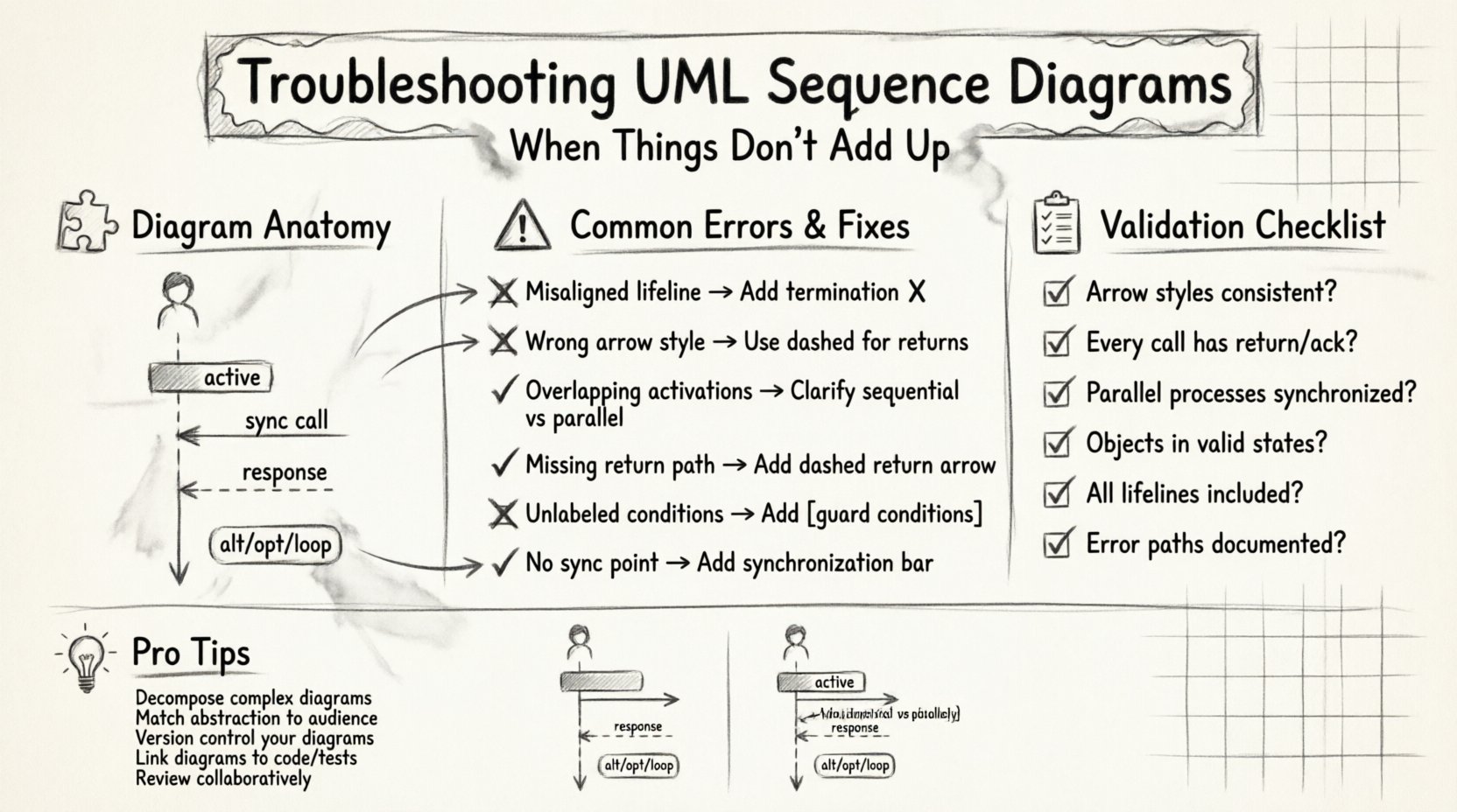 Sketch-style infographic illustrating UML sequence diagram troubleshooting: anatomy elements (lifelines, activation bars, messages), common structural errors with fixes, message flow logic issues, timing synchronization problems, validation checklist, and best practices for maintaining diagram integrity in software architecture