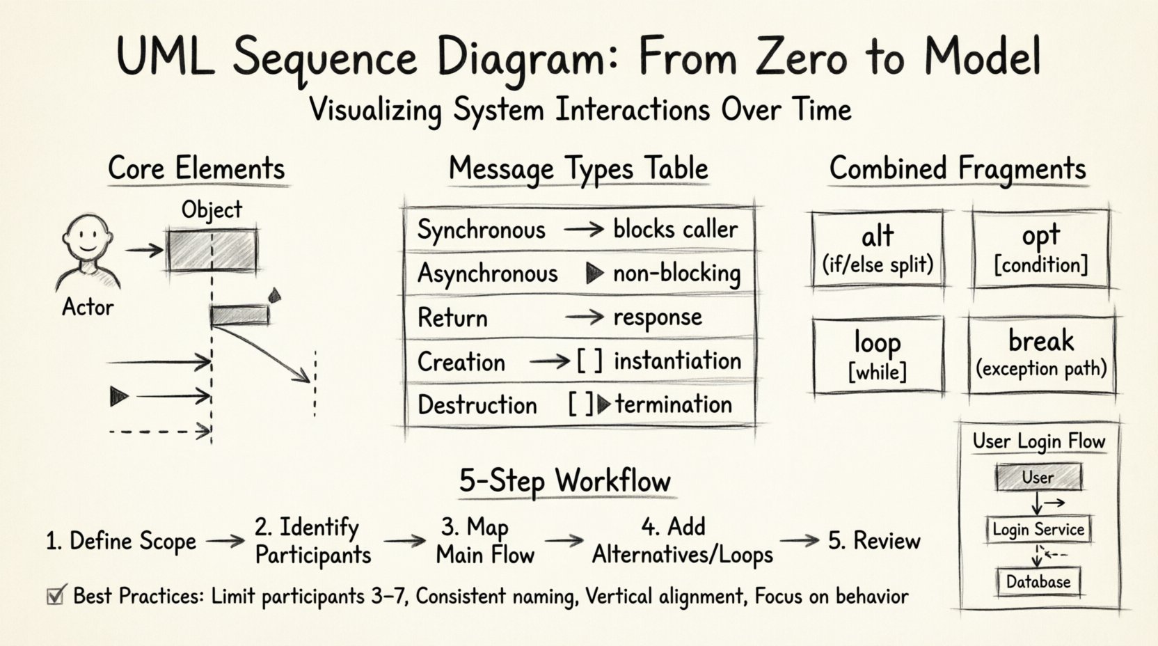 Sketch-style infographic explaining UML Sequence Diagrams: shows core elements (actors, lifelines, activation bars), message types (synchronous, asynchronous, return), combined fragments (alt, opt, loop, break), a 5-step workflow for creating diagrams, best practices, and a user login example flow - educational visual guide for developers learning system interaction modeling