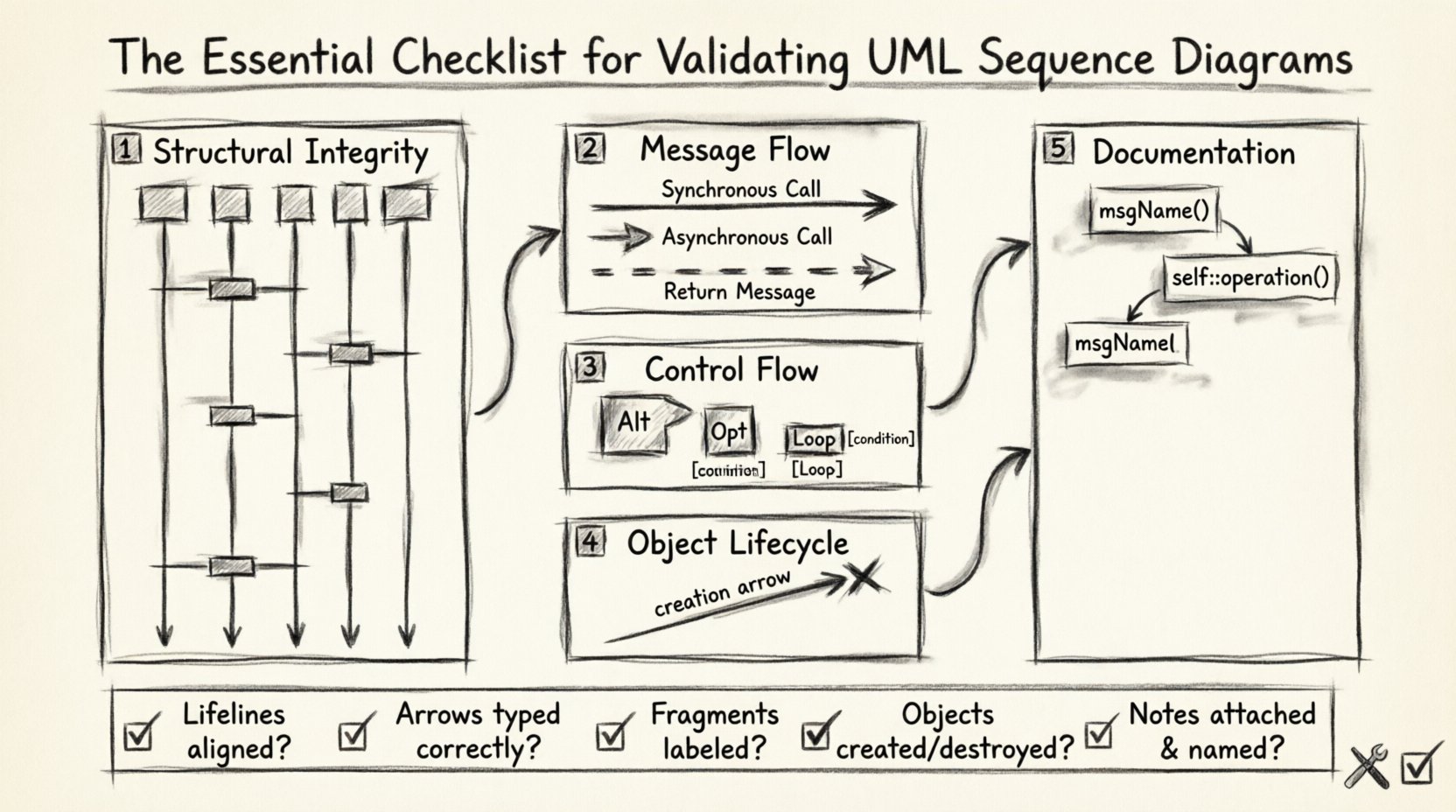 Charcoal sketch infographic illustrating the essential 5-point checklist for validating UML sequence diagrams: structural integrity with lifelines and activation bars, message semantics showing synchronous/asynchronous arrow types, control flow fragments with Alt/Opt/Loop logic guards, object lifecycle creation and destruction markers, and documentation standards with naming conventions - presented as a vertical flowchart with hand-drawn contour style for technical architecture review