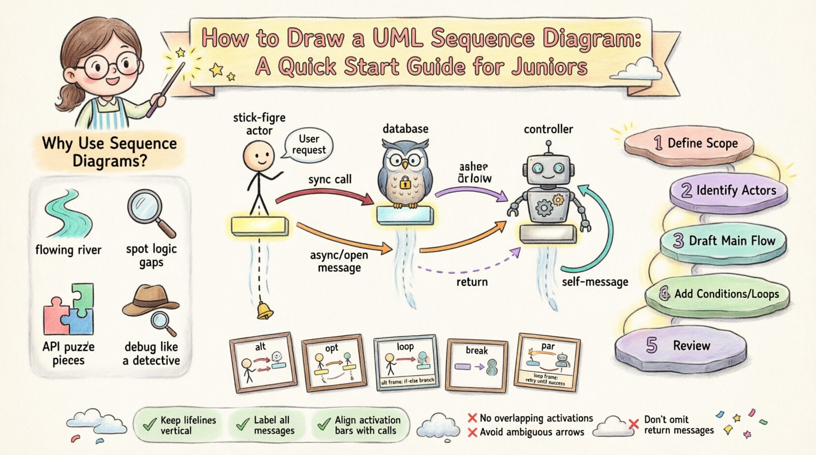 Whimsical infographic guide teaching junior developers how to draw UML sequence diagrams, featuring playful illustrations of lifelines, activation bars, synchronous and asynchronous message arrows, combined fragments (alt, opt, loop, break, par), step-by-step workflow path, and best practices tips in a soft pastel hand-drawn style with friendly mascot characters