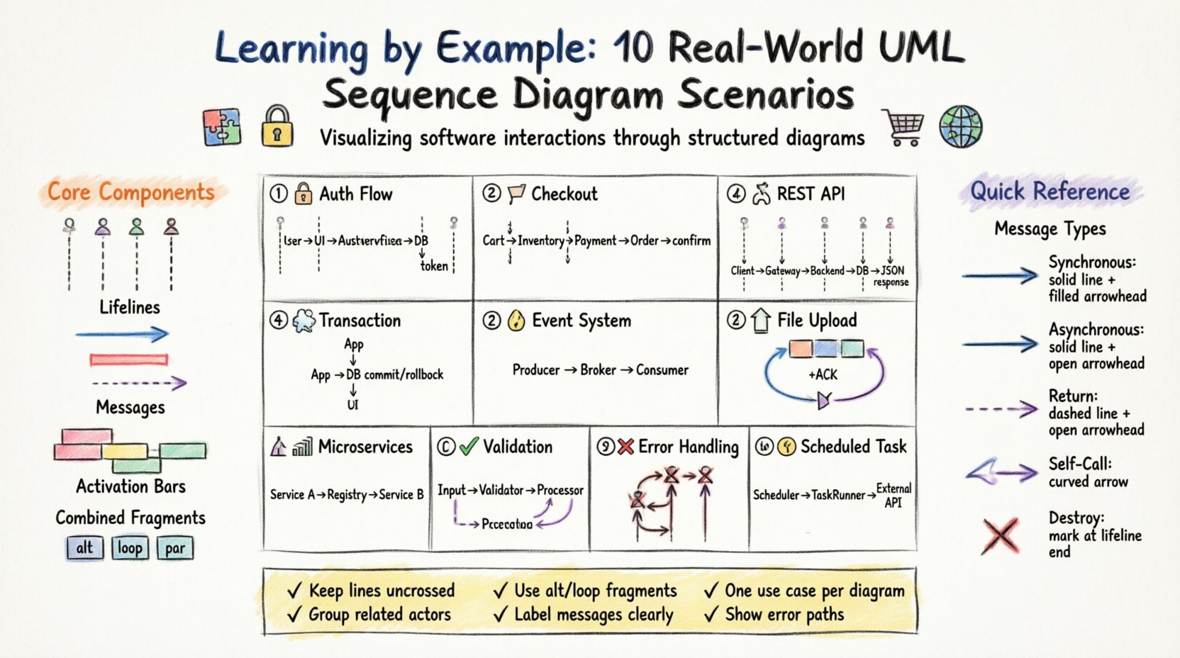 Marker illustration infographic showing 10 real-world UML sequence diagram scenarios including user authentication, shopping cart checkout, REST API requests, database transactions, event notifications, file uploads, microservice communication, data validation, error handling, and scheduled tasks, with core components legend, message type reference, and best practices for software architecture visualization