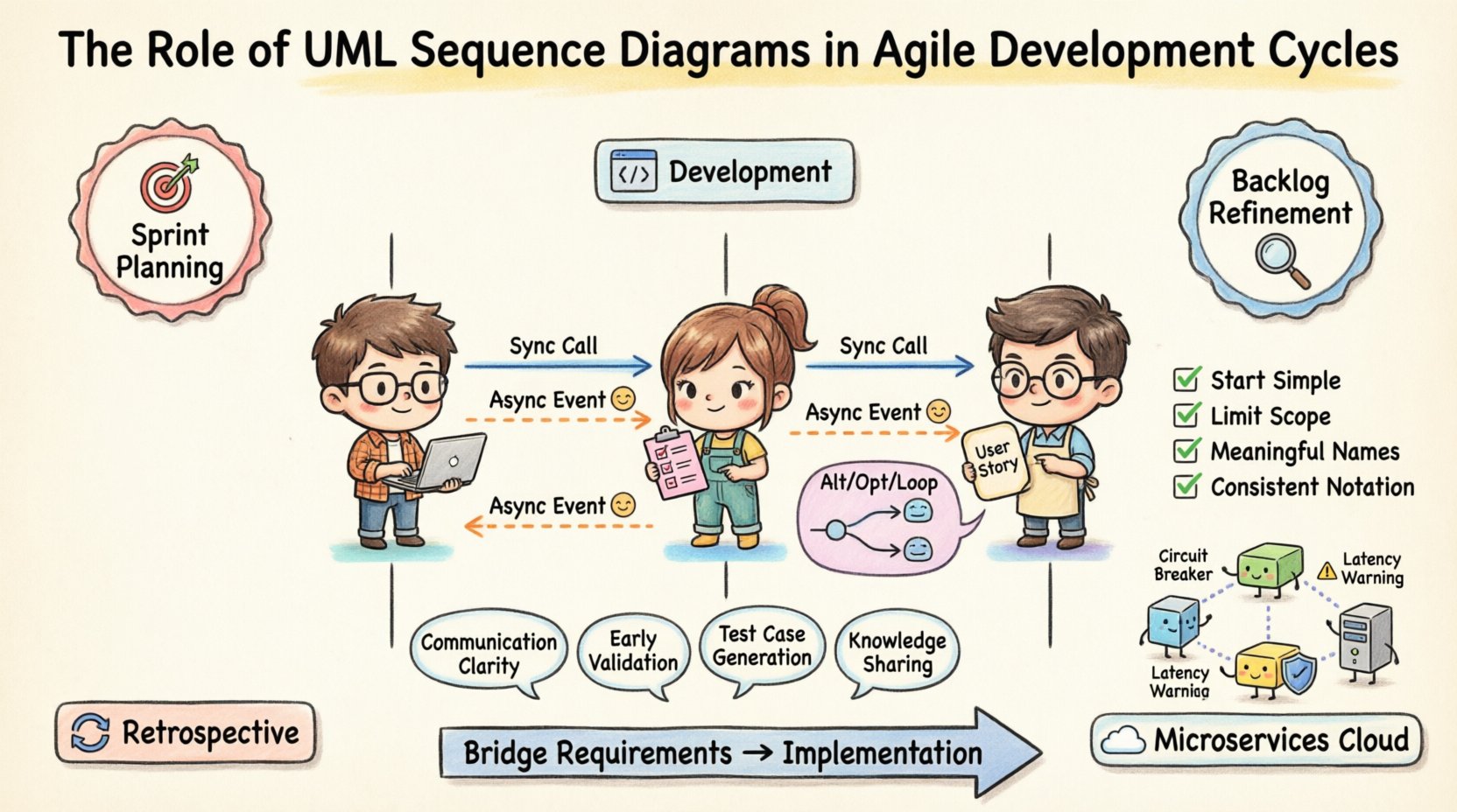 Chibi-style infographic illustrating how UML Sequence Diagrams enhance Agile development cycles, featuring cute developer characters, simplified sequence diagram elements including lifelines messages activation bars and combined fragments, Agile sprint workflow stages, key benefits like communication clarity and early validation, microservices interaction visualization, and best practices for team collaboration