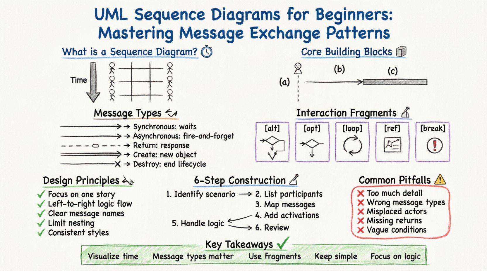 Hand-drawn whiteboard infographic explaining UML sequence diagrams for beginners: shows time-based interaction flow with vertical lifelines and horizontal participants, core elements (lifelines, messages, activation bars), five message types with arrow styles (synchronous, asynchronous, return, create, destroy), interaction fragments (alt/opt/loop/ref/break), design principles checklist, common pitfalls warnings, six-step construction guide, and key takeaways - all color-coded with marker styles for visual clarity