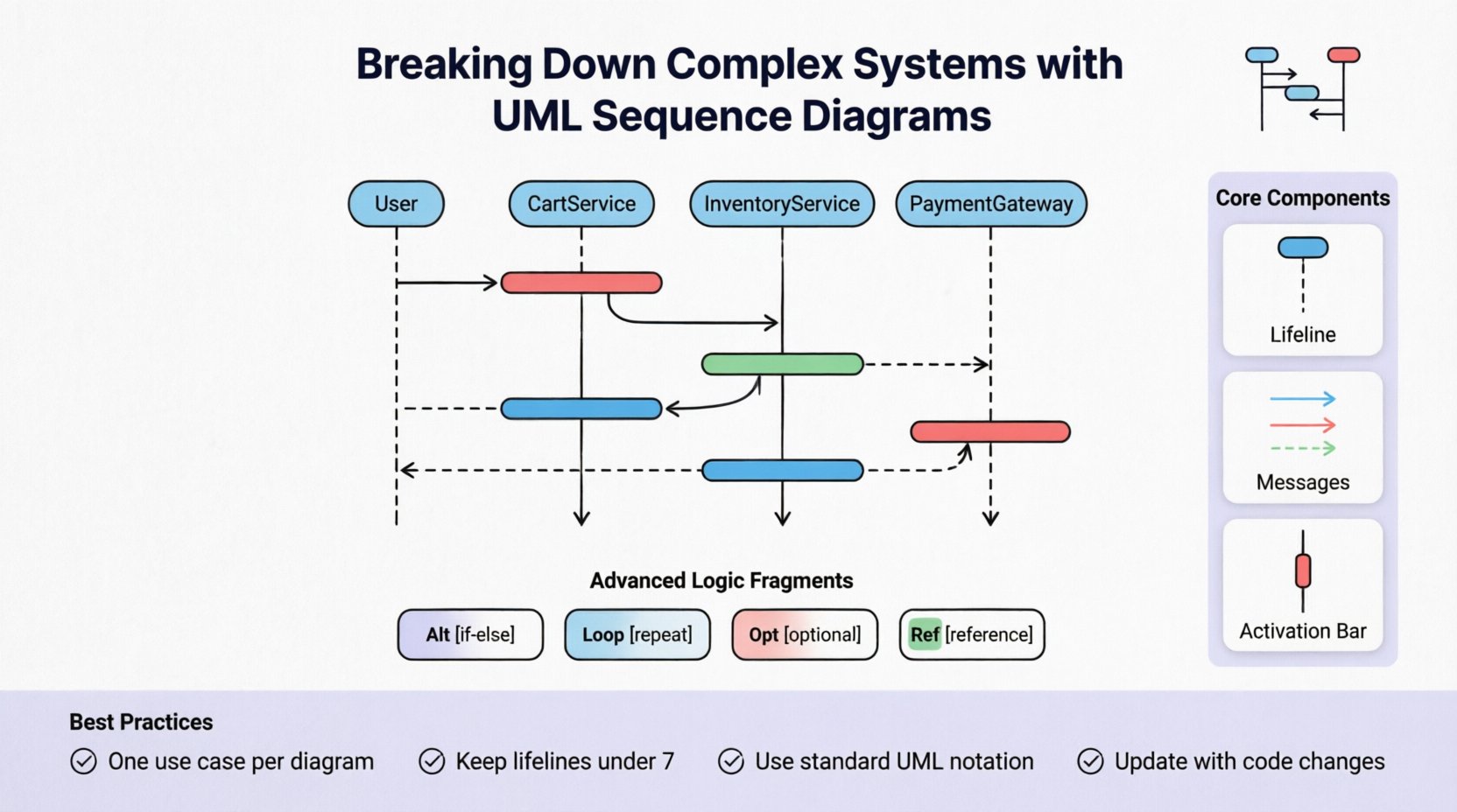 Educational infographic about UML sequence diagrams in flat design style, illustrating core components like lifelines, message arrows, and activation bars, plus advanced logic fragments (Alt, Loop, Opt, Ref) and best practices checklist, using pastel sky blue and coral pink accents with rounded shapes and black outlines for student learning and social media