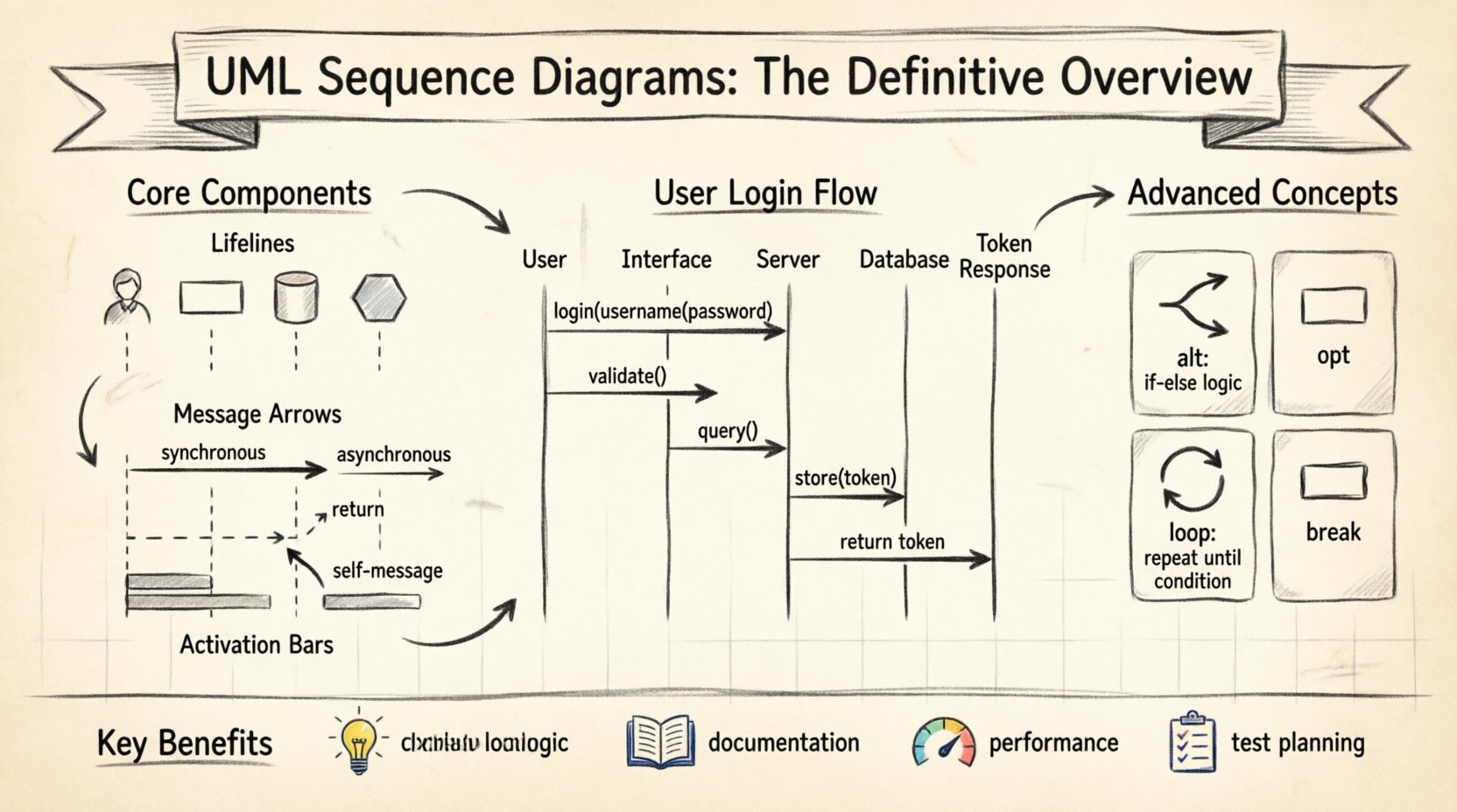 Hand-drawn infographic guide to UML Sequence Diagrams for new developers, featuring core components like lifelines, message arrows (synchronous, asynchronous, return, self-messages), activation bars, and focus of control; includes a visual login flow example, advanced combined fragments (alt, opt, loop, par, break), common mistakes to avoid, and key benefits such as clarified logic, improved communication, and better documentation; illustrated with thick outline strokes, sketchy aesthetic, and color-coded sections on a parchment background for intuitive learning.