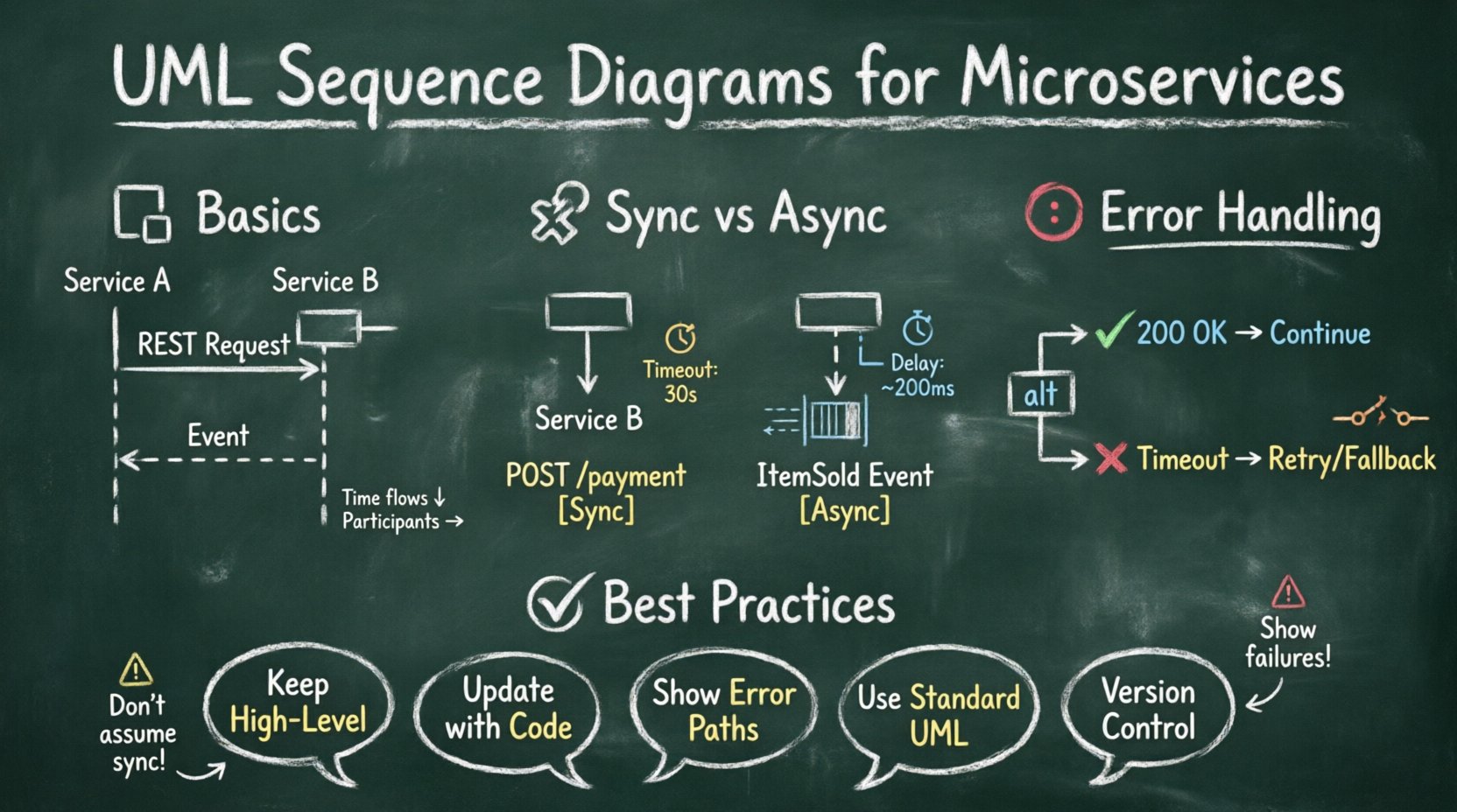 Educational chalkboard-style infographic explaining UML Sequence Diagrams for Microservices architecture: illustrates core components (lifelines, messages, activation bars), compares synchronous REST/gRPC calls versus asynchronous event-driven patterns, demonstrates timeout handling with alt fragments and fallback paths, and lists best practices for developers including version control, error path documentation, and CI/CD integration - designed with hand-written chalk aesthetic for easy learning and team onboarding