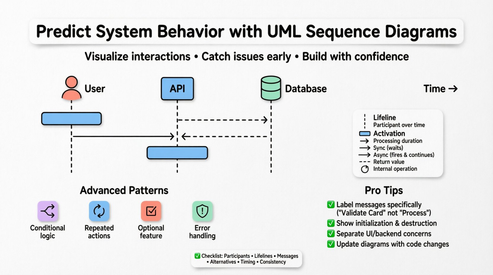 Infographic: Predicting System Behavior with UML Sequence Diagrams - Visual guide showing sequence diagram anatomy including lifelines, activation bars, and message types (synchronous, asynchronous, return), plus advanced patterns (alt, loop, opt, break), pro tips for modeling, and a quick checklist for students and developers learning software architecture design