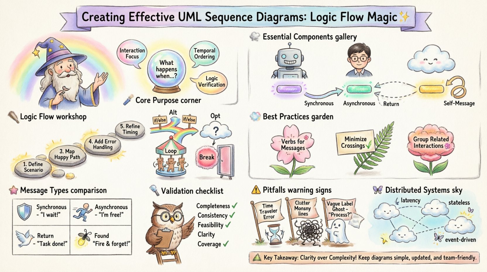 A whimsical infographic illustrating UML sequence diagram essentials with colorful characters, playful message arrows, and decorative frames showing participants, lifelines, activation bars, message types, control structures, and best practices for visualizing software logic flow
