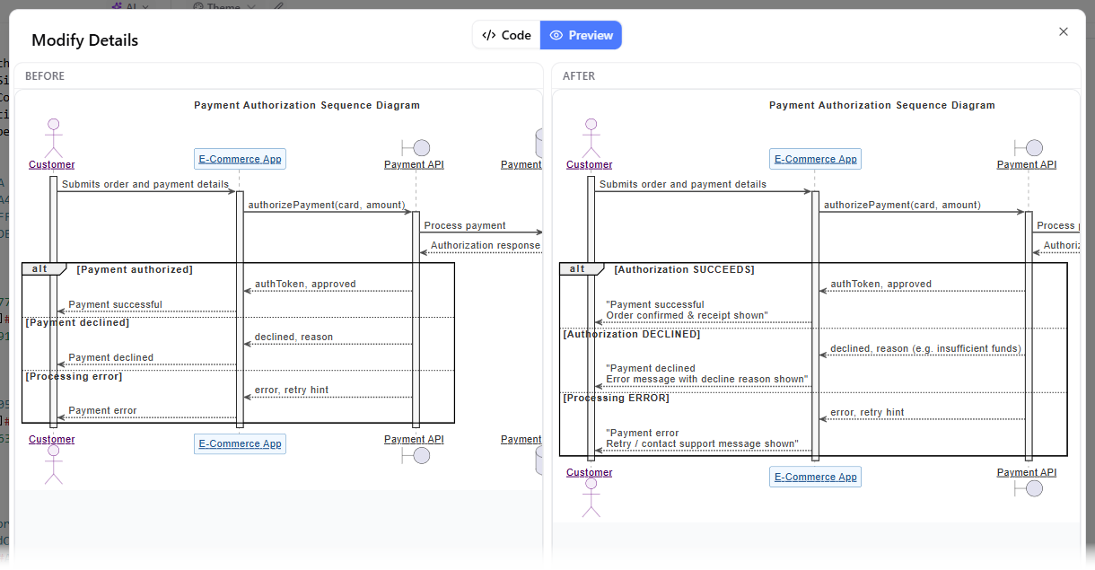 A side by side viewer showing the original and modified version of a diagram, resulted by running AI Modification in VPasCode.